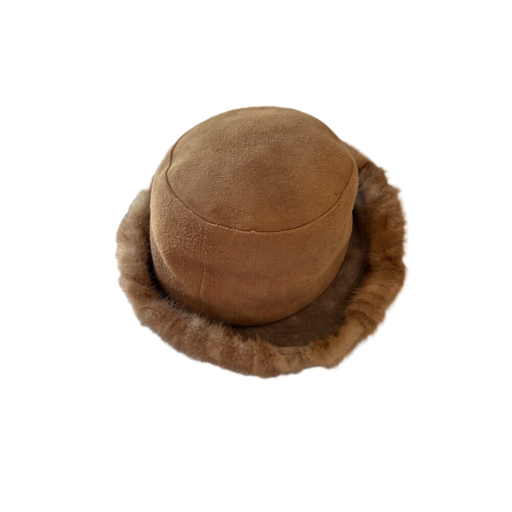 Vintage Genuine Fur Trim Leather Winter Bucket Hat Beige Size 22 Cold Weather - Picture 1 of 5